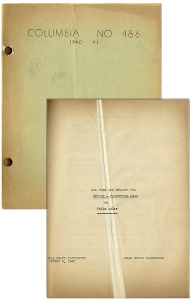 Moe Howard's 27pp. Signed Script Dated August 1940 for The Three Stooges Film ''Boobs in Arms'' -- With Self-Portrait & Signature by Moe on Cover -- Very Good Condition